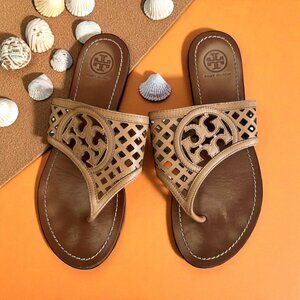 TORY BURCH Tan Leather Logo Sandals Size 7